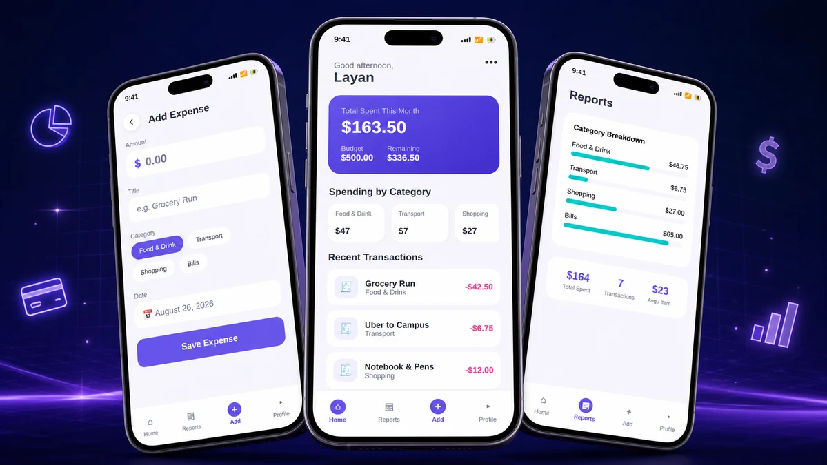 Expense Tracker Flutter app — Add Expense, Dashboard, and Reports screens on phone mockups